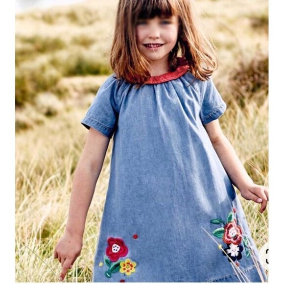 Mini Boden Other - Mini Boden Chambray Embroidered Floral Dress Size 9/10 Peter Pan Collar